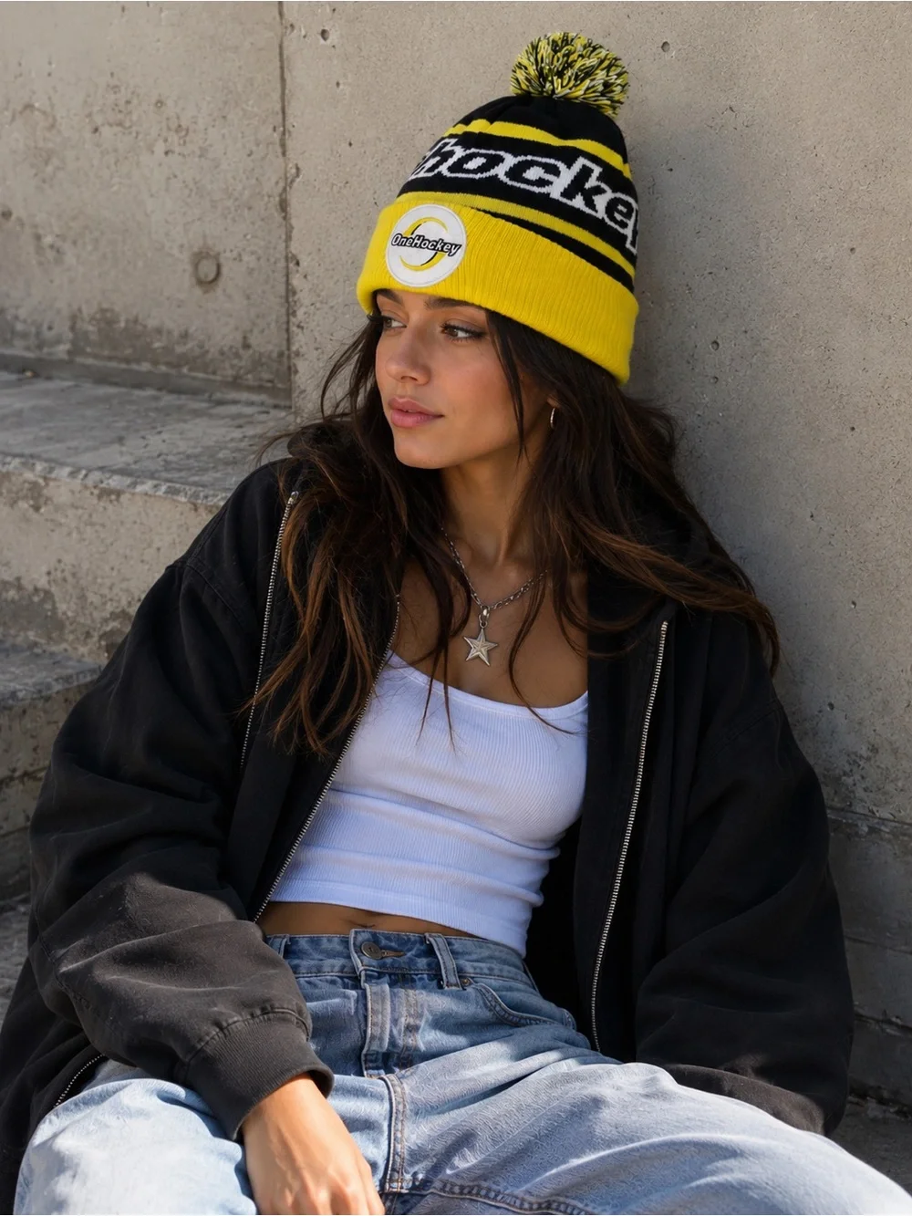 OneHockey Black Yellow Pom Pom Beanie Unisex Hockey Winter Hat